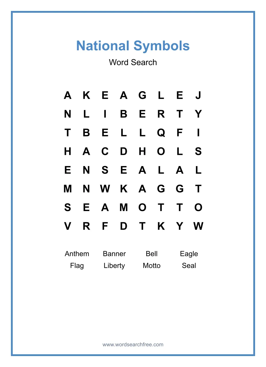National Symbols Word Search - Free printable puzzle with 8 words