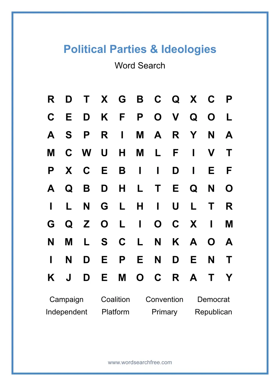 Political Parties & Ideologies Word Search - Free printable puzzle with 8 words