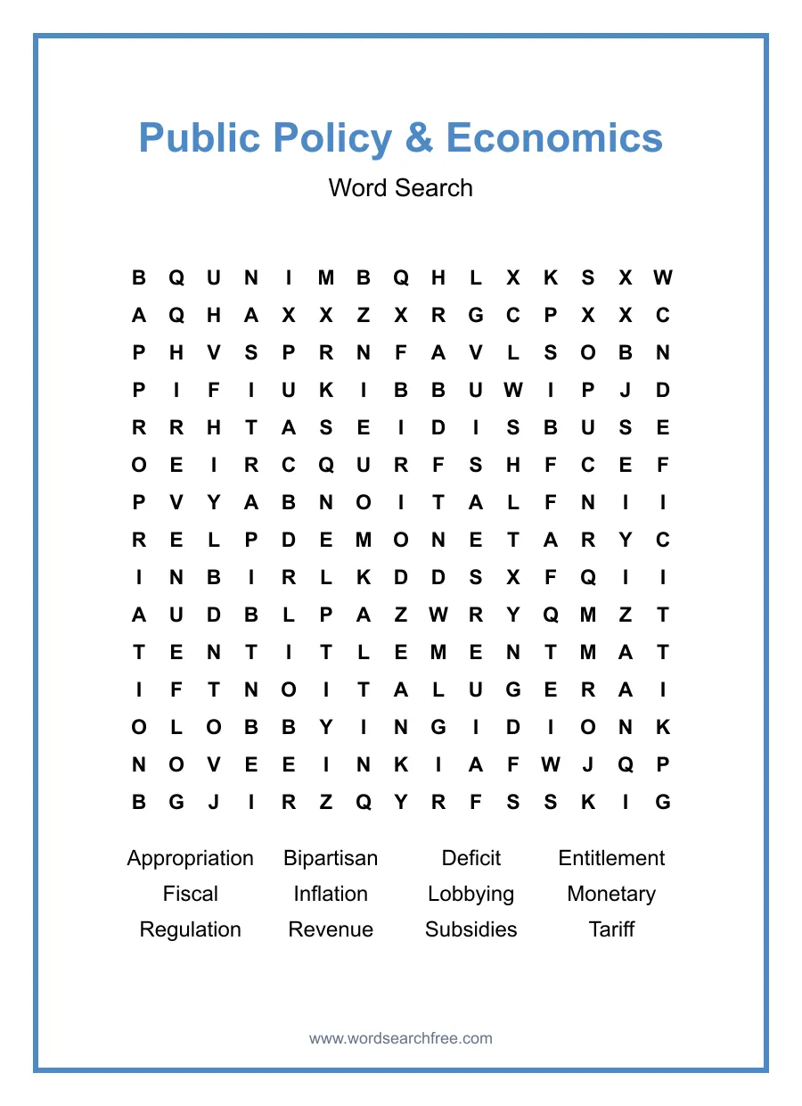 Public Policy & Economics Word Search - Free printable puzzle with 12 words