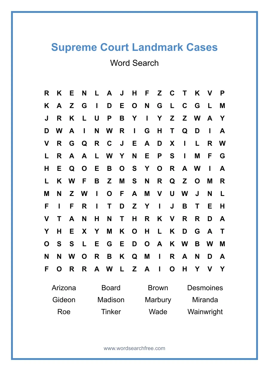 Supreme Court Landmark Cases Word Search - Free printable puzzle with 12 words
