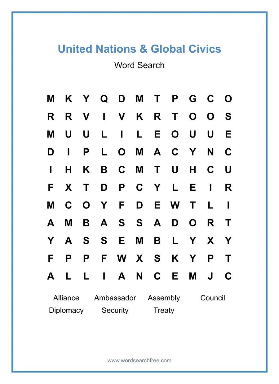 United Nations & Global Civics Word Search - Free printable puzzle with 7 words