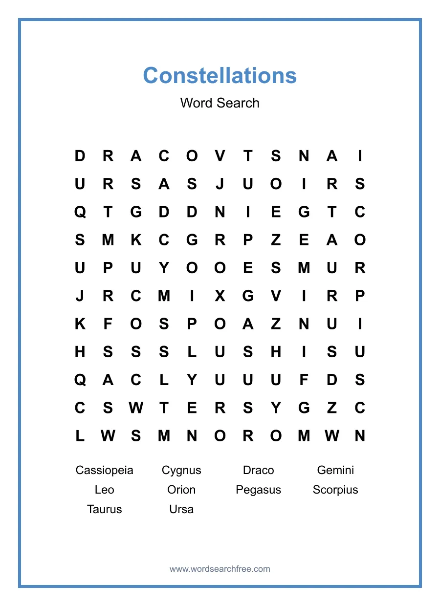 Constellations Word Search - Free printable puzzle with 10 words