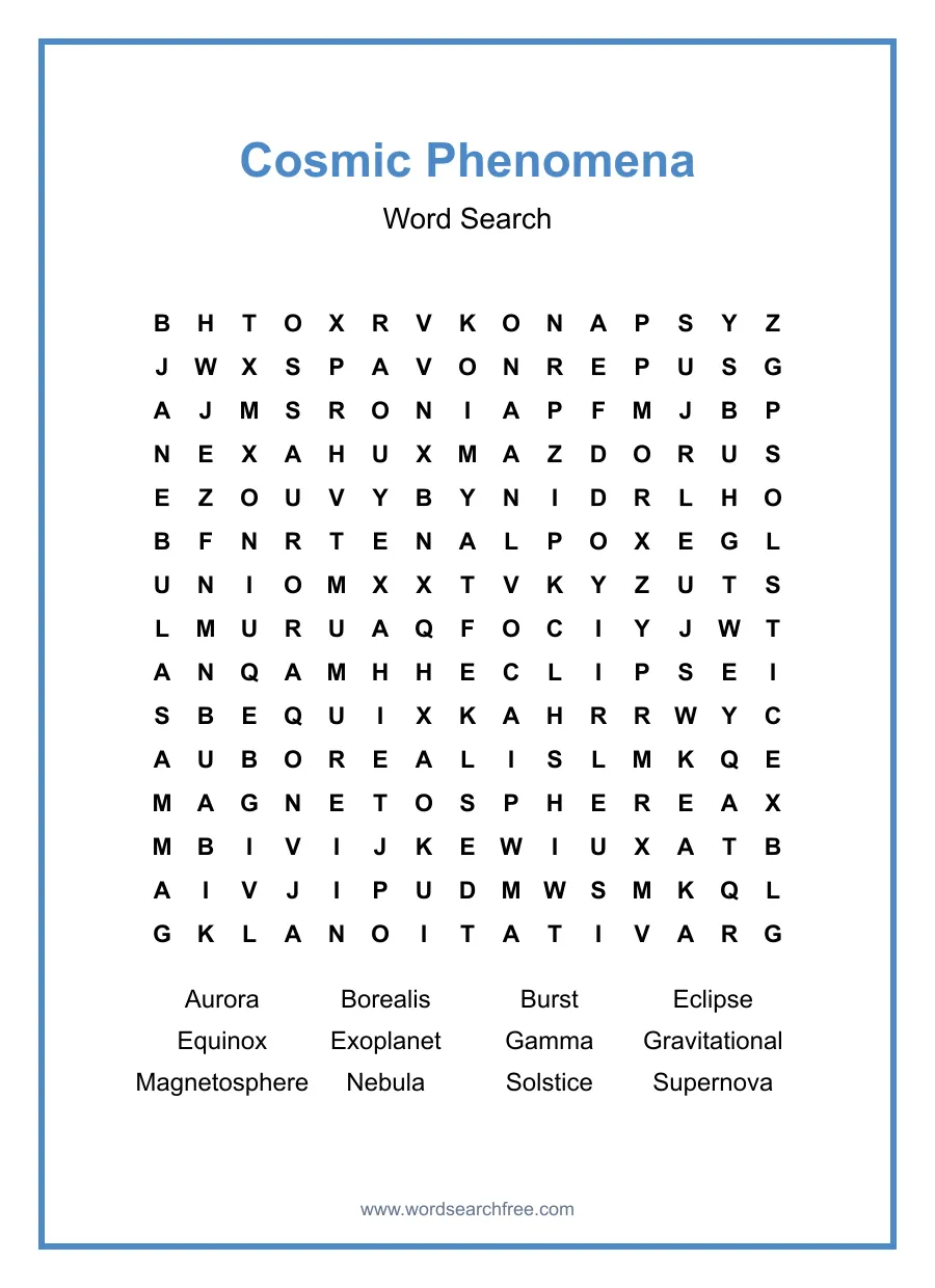 Cosmic Phenomena Word Search - Free printable puzzle with 12 words