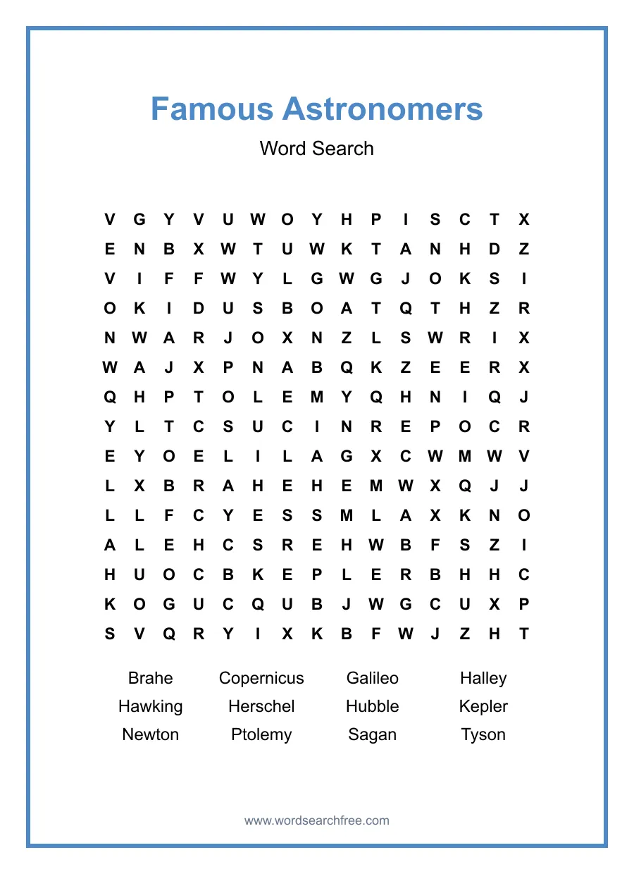 Famous Astronomers Word Search - Free printable puzzle with 12 words