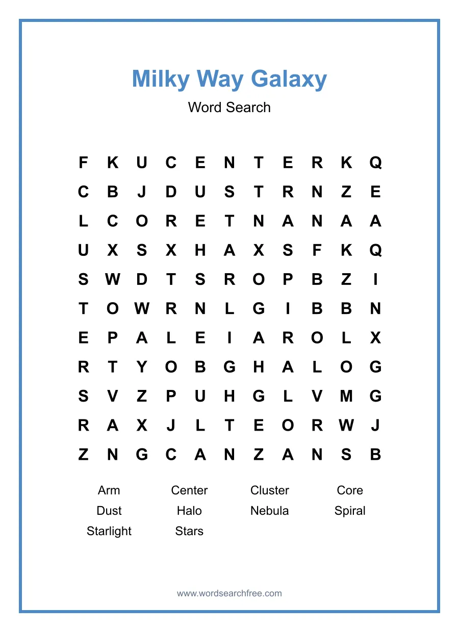 Milky Way Galaxy Word Search - Free printable puzzle with 10 words