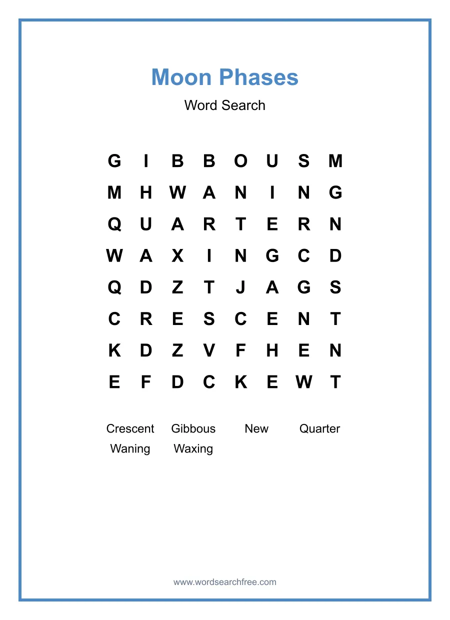 Moon Phases Word Search - Free printable puzzle with 6 words