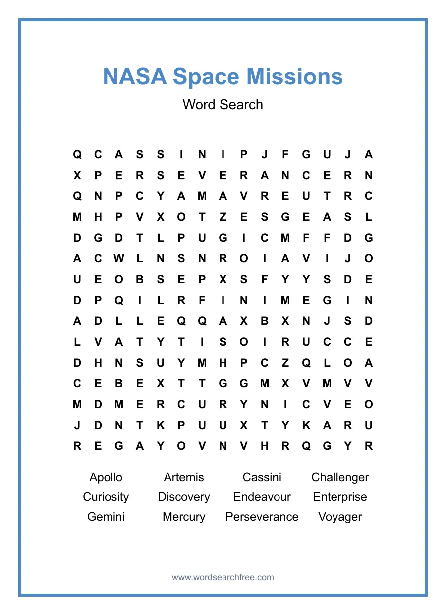 NASA Space Missions Word Search - Free printable puzzle with 12 words