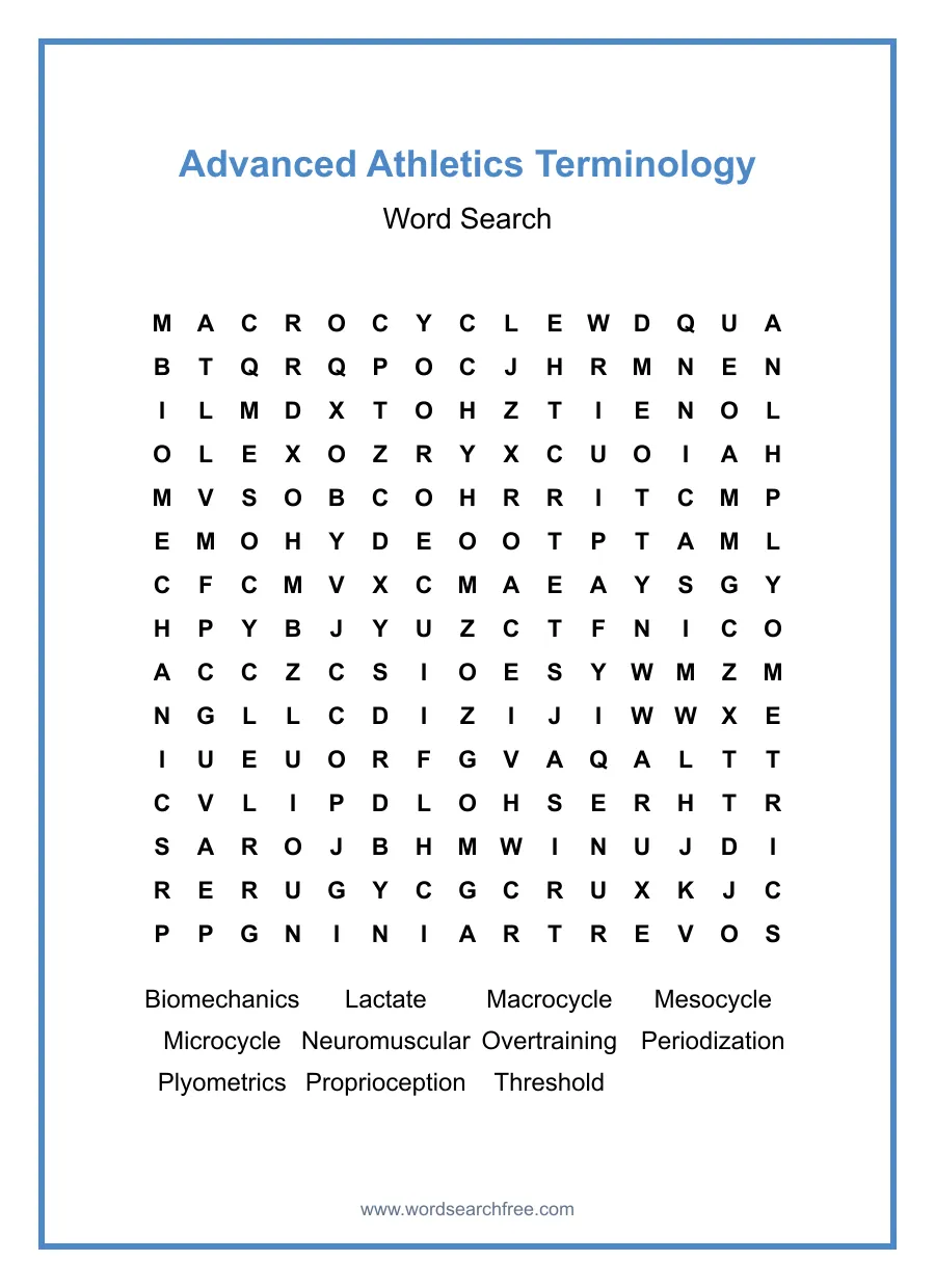 Advanced Athletics Terminology Word Search - Free printable puzzle with 11 words