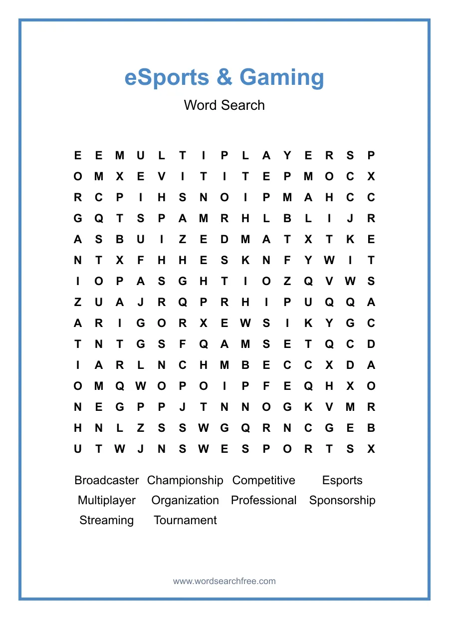 eSports & Gaming Word Search - Free printable puzzle with 10 words