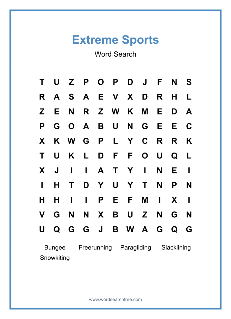 Extreme Sports Word Search - Free printable puzzle with 5 words