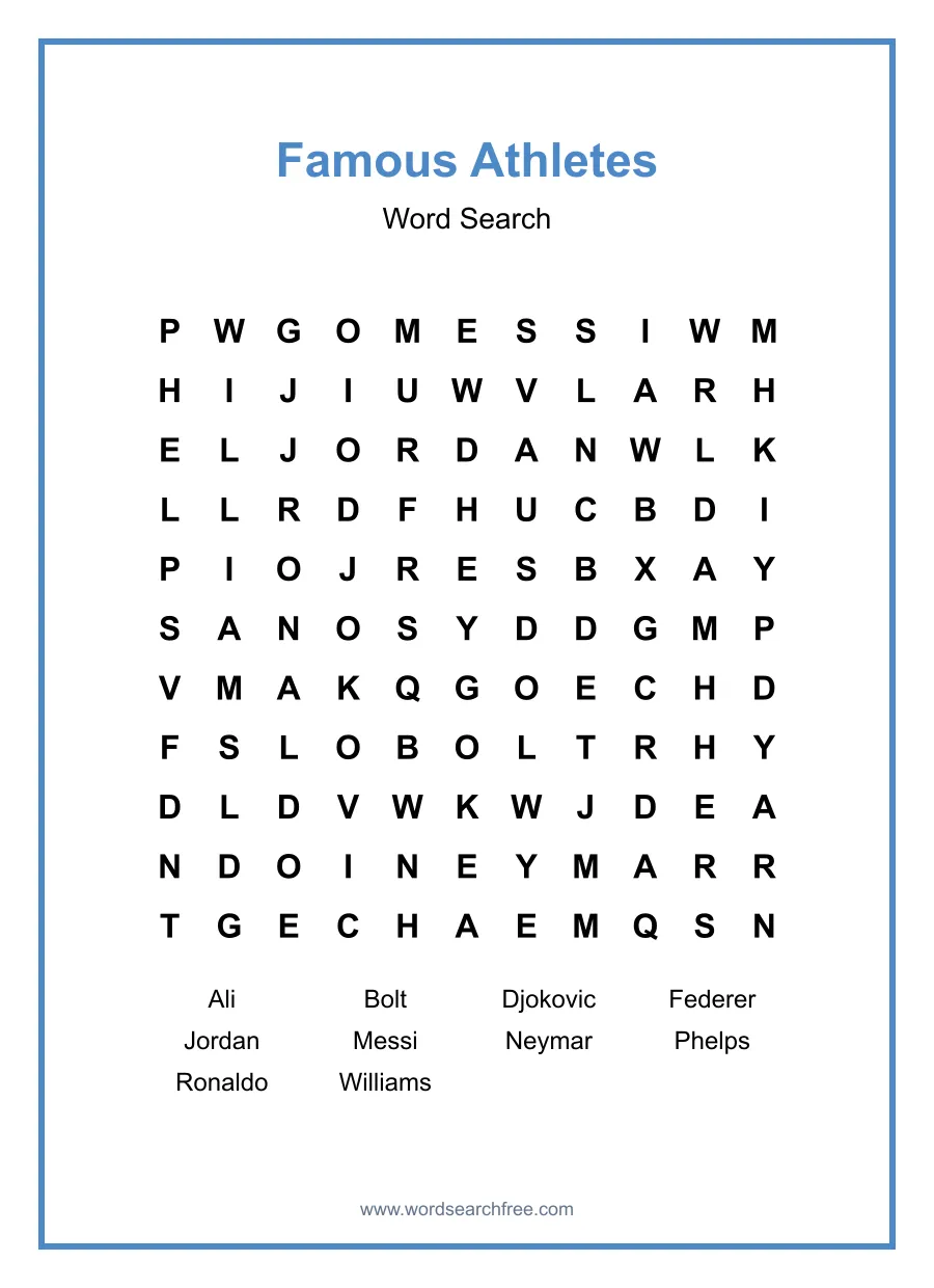 Famous Athletes Word Search - Free printable puzzle with 10 words