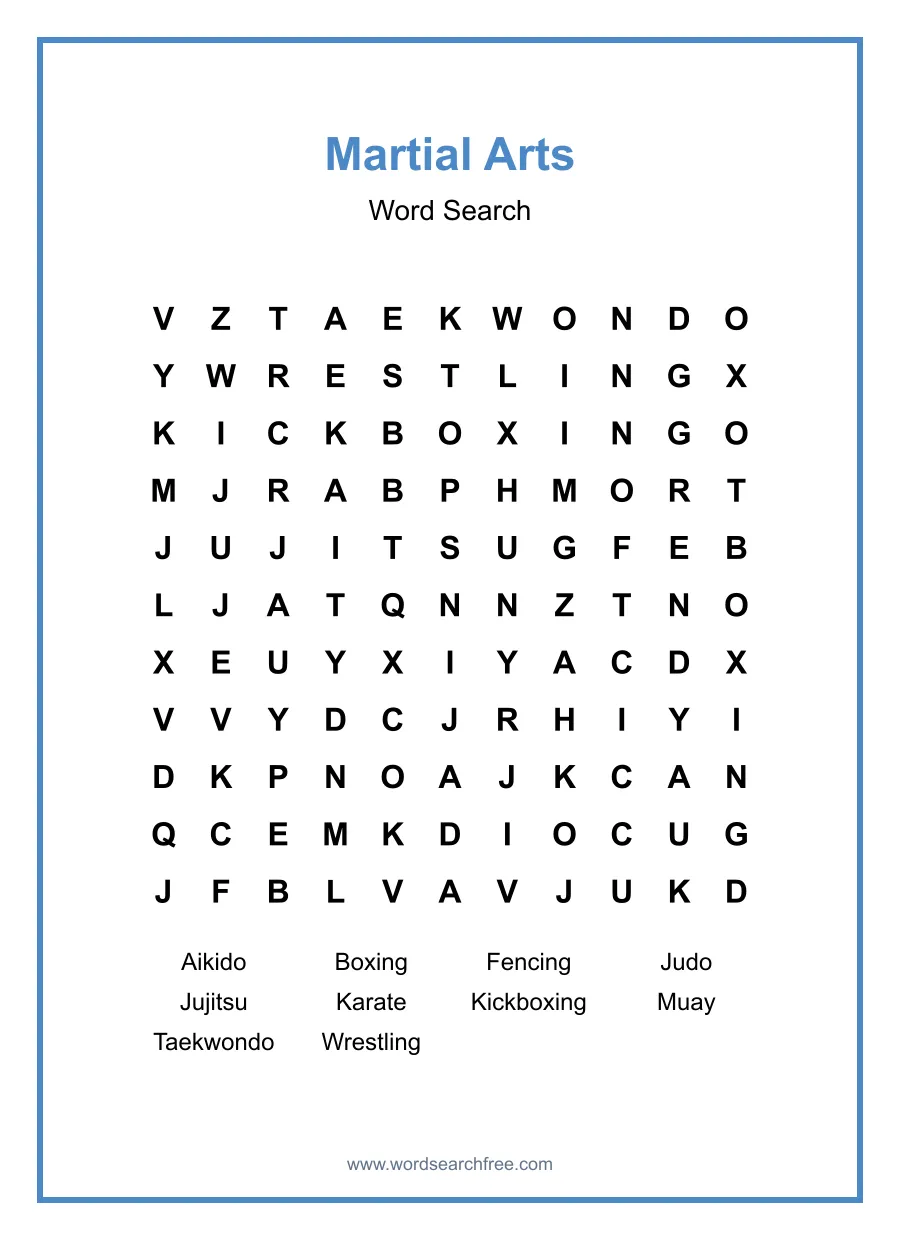 Martial Arts Word Search - Free printable puzzle with 10 words