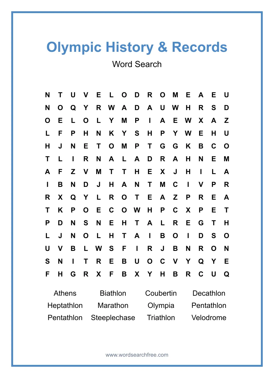 Olympic History & Records Word Search - Free printable puzzle with 12 words
