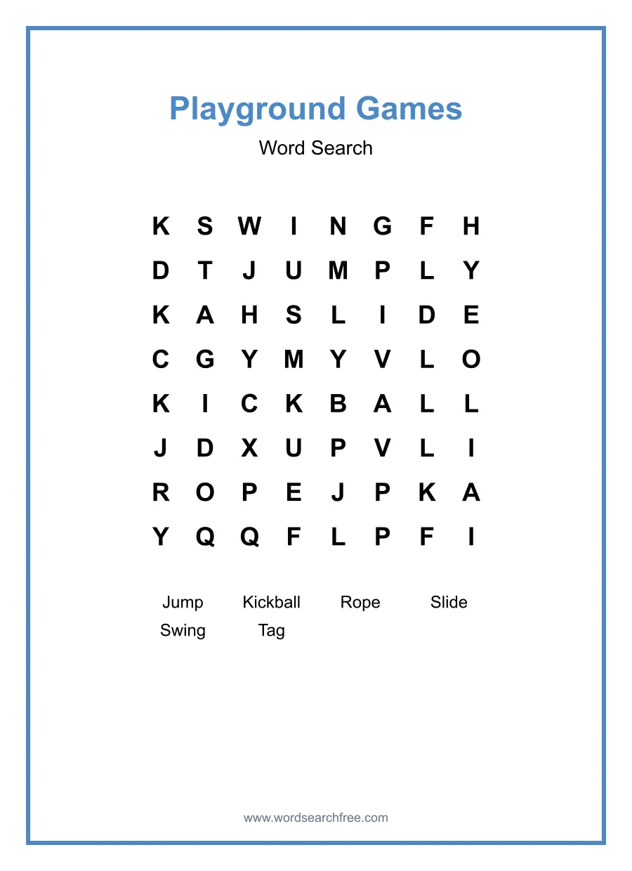 Playground Games Word Search - Free printable puzzle with 6 words