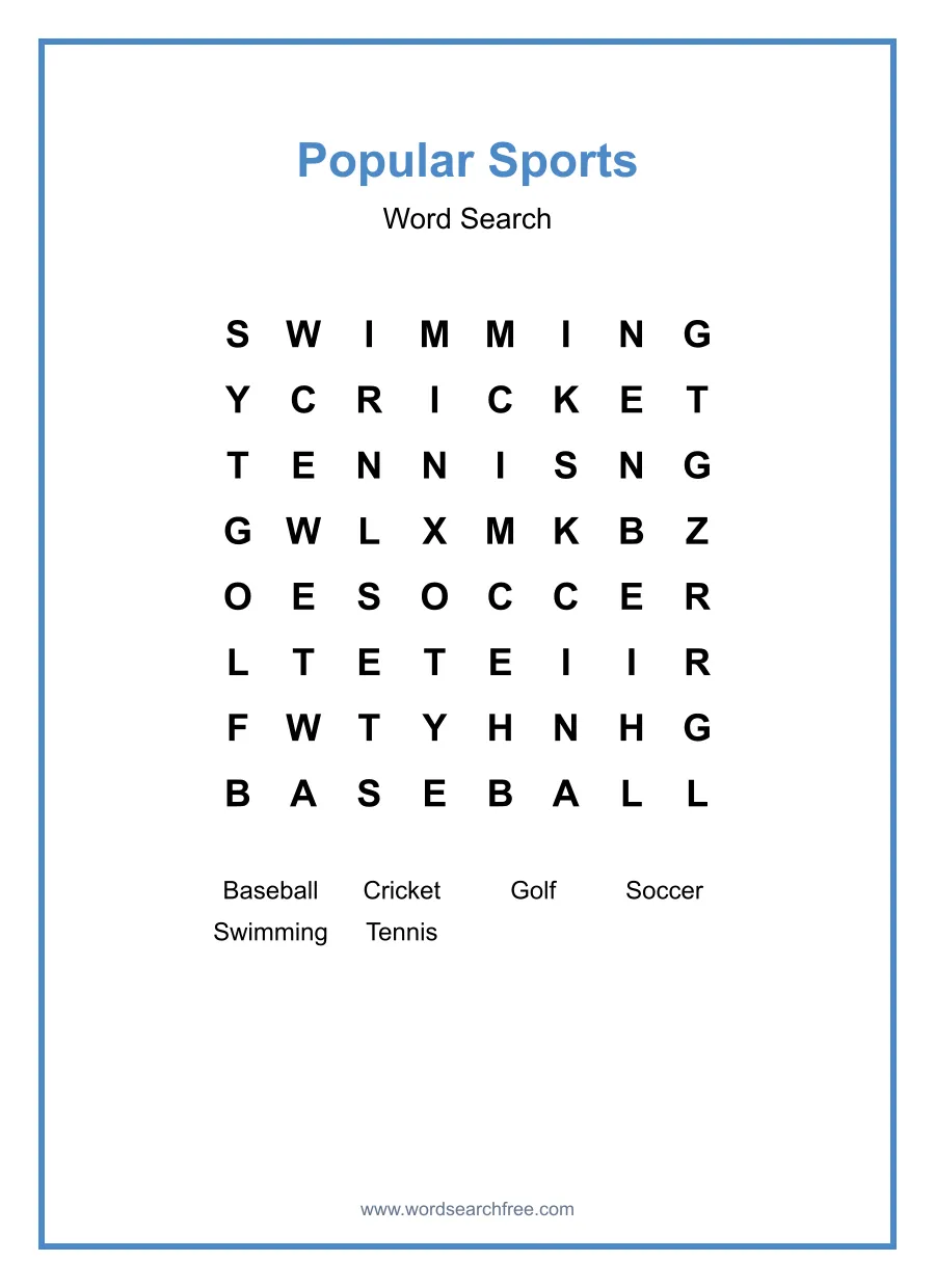 Popular Sports Word Search - Free printable puzzle with 6 words