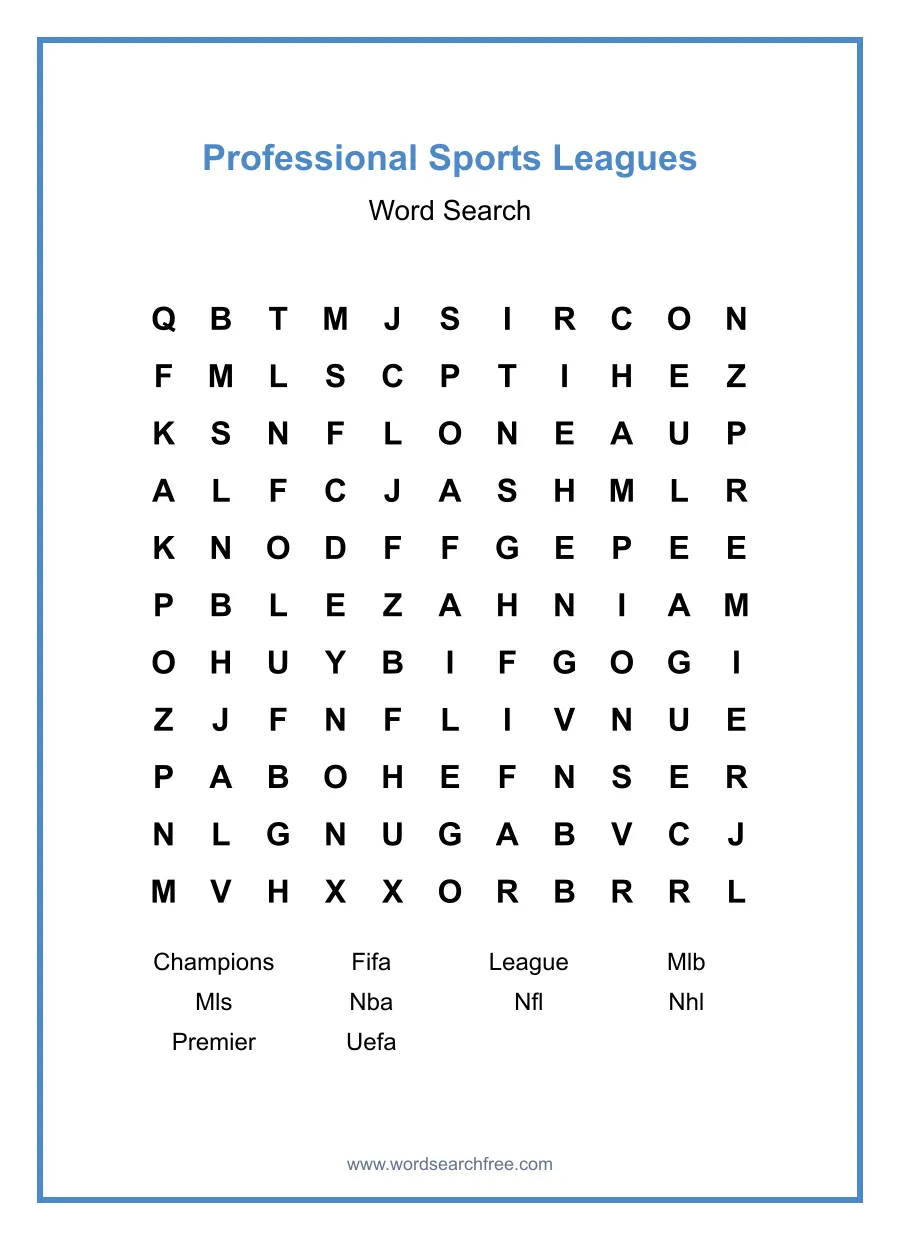 Professional Sports Leagues Word Search - Free printable puzzle with 10 words