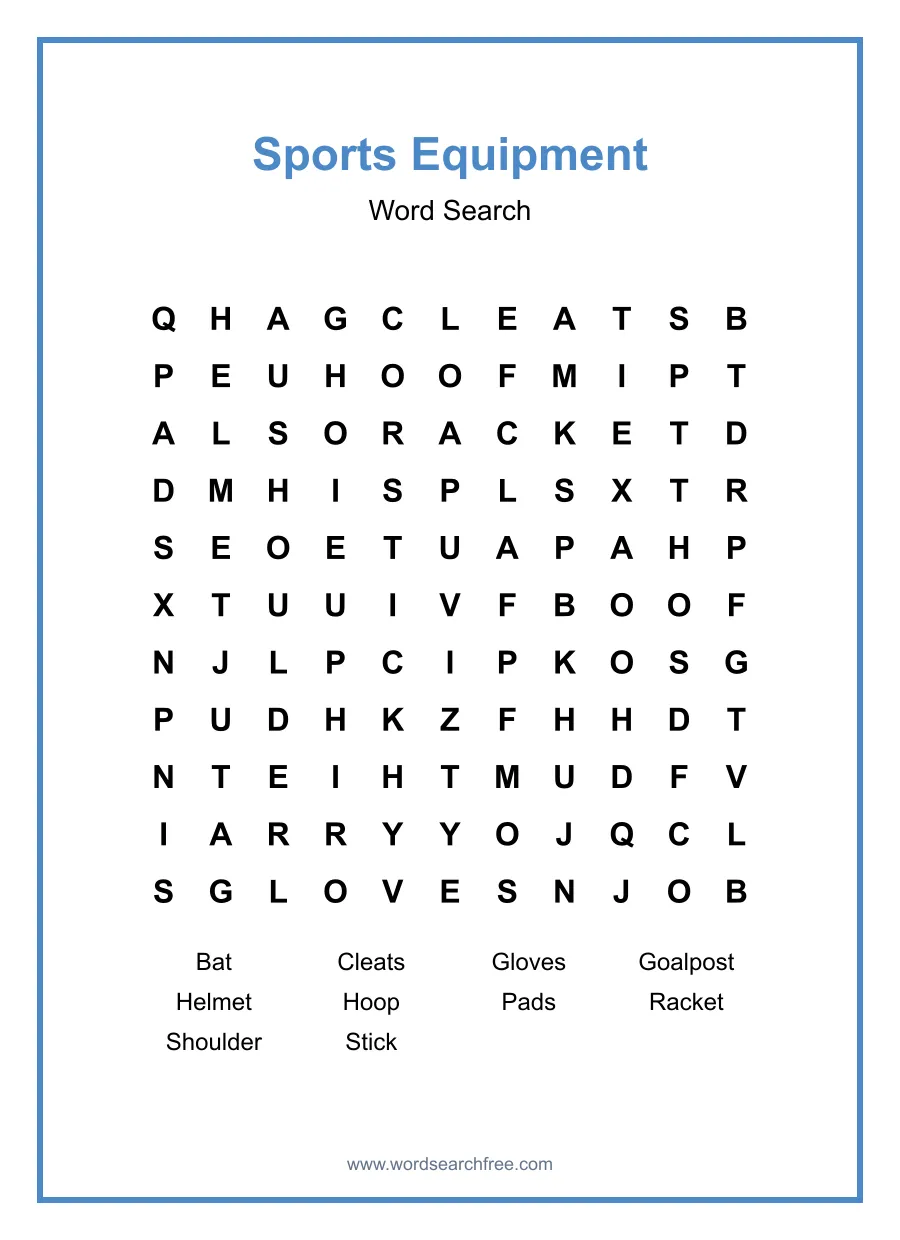 Sports Equipment Word Search - Free printable puzzle with 10 words