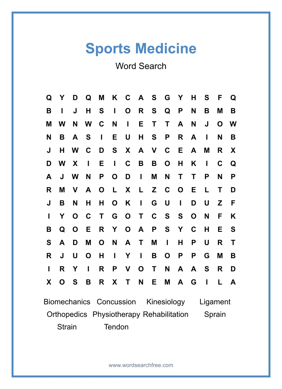 Sports Medicine Word Search - Free printable puzzle with 10 words