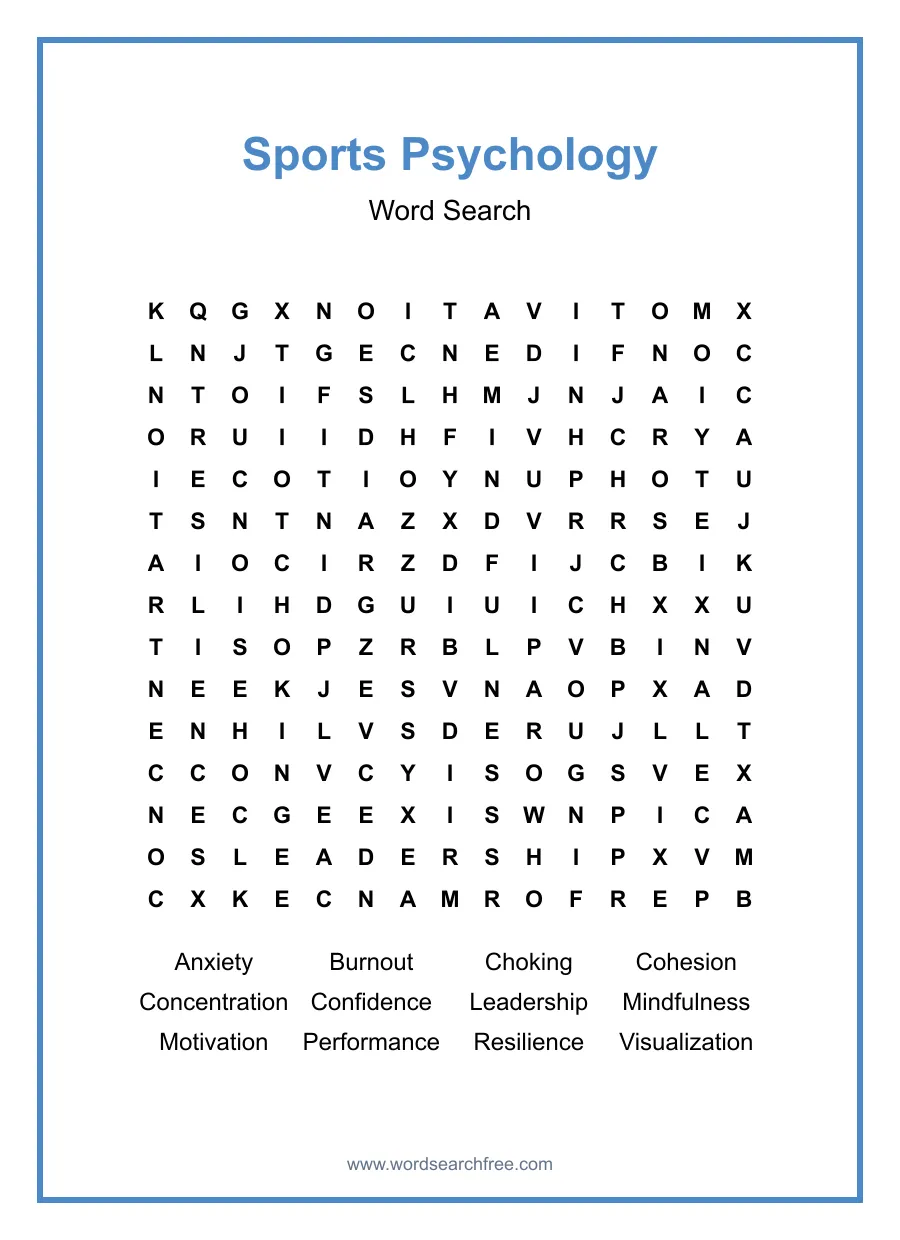 Sports Psychology Word Search - Free printable puzzle with 12 words