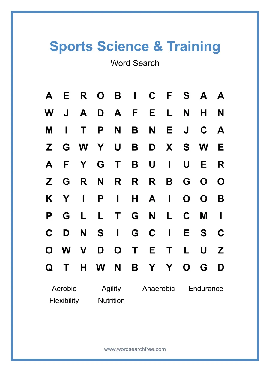 Sports Science & Training Word Search - Free printable puzzle with 6 words