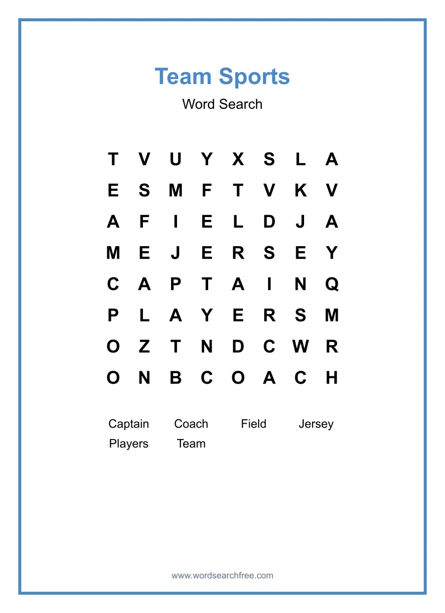 Team Sports Word Search - Free printable puzzle with 6 words