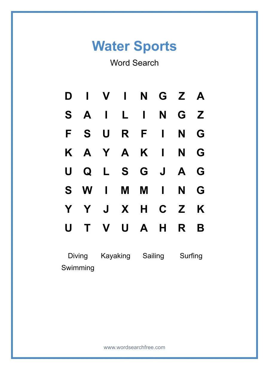 Water Sports Word Search - Free printable puzzle with 5 words