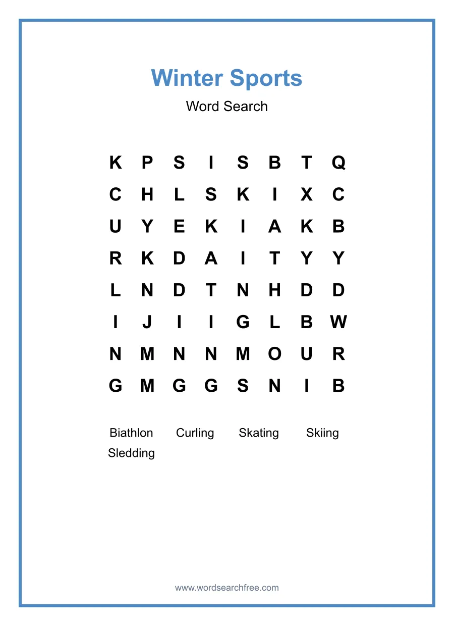 Winter Sports Word Search - Free printable puzzle with 5 words