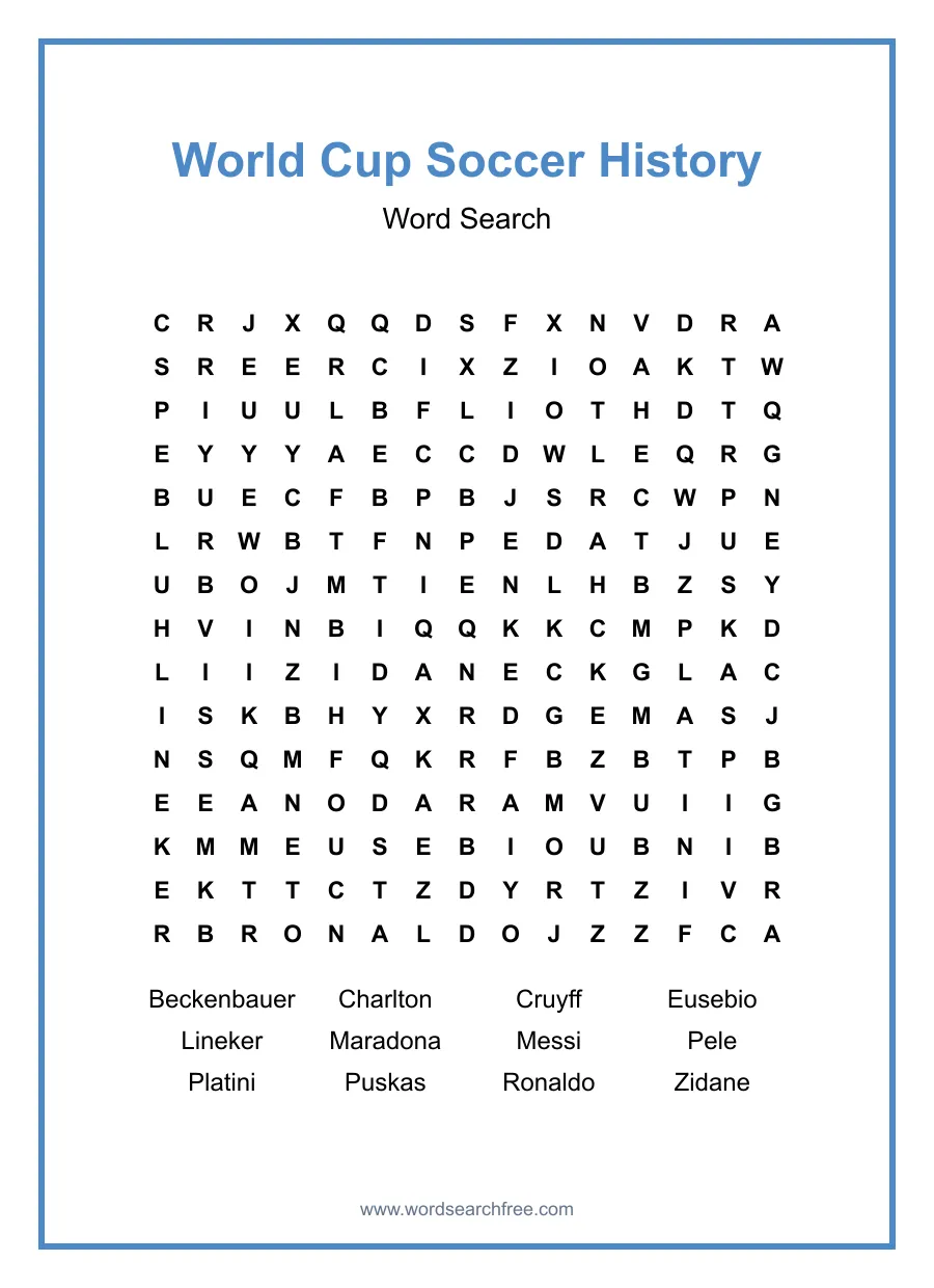World Cup Soccer History Word Search - Free printable puzzle with 12 words
