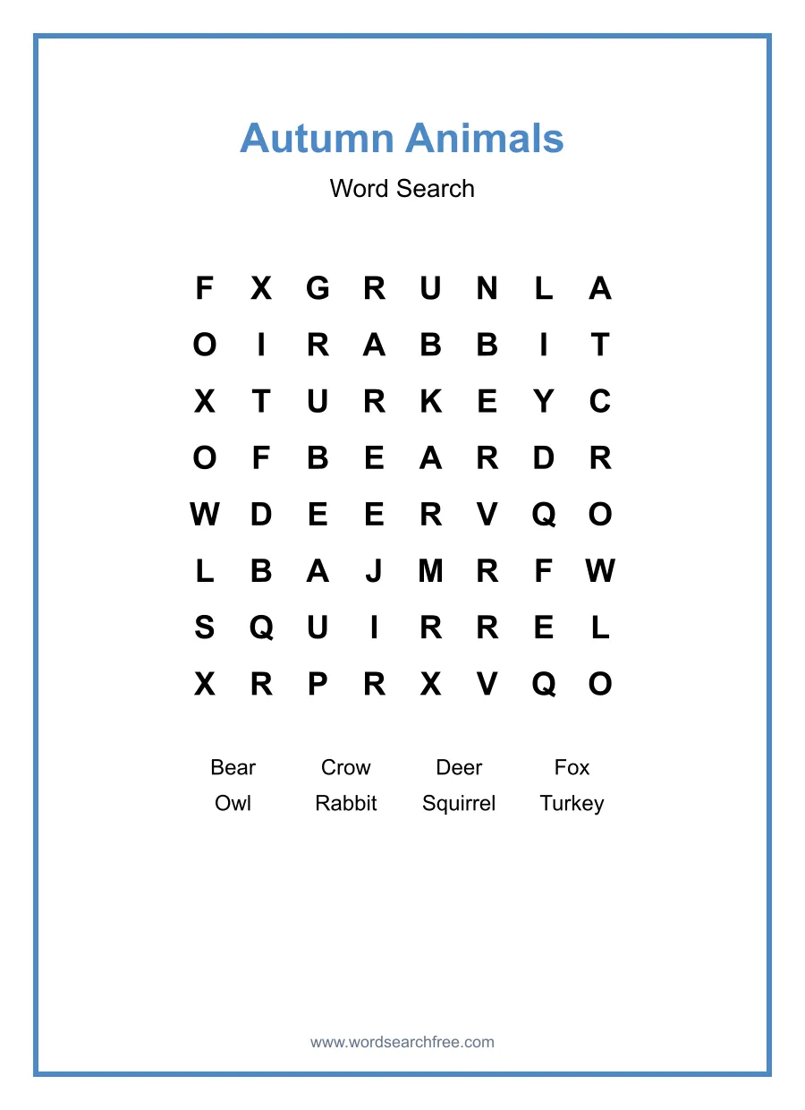 Autumn Animals - Easy Word Search Puzzle