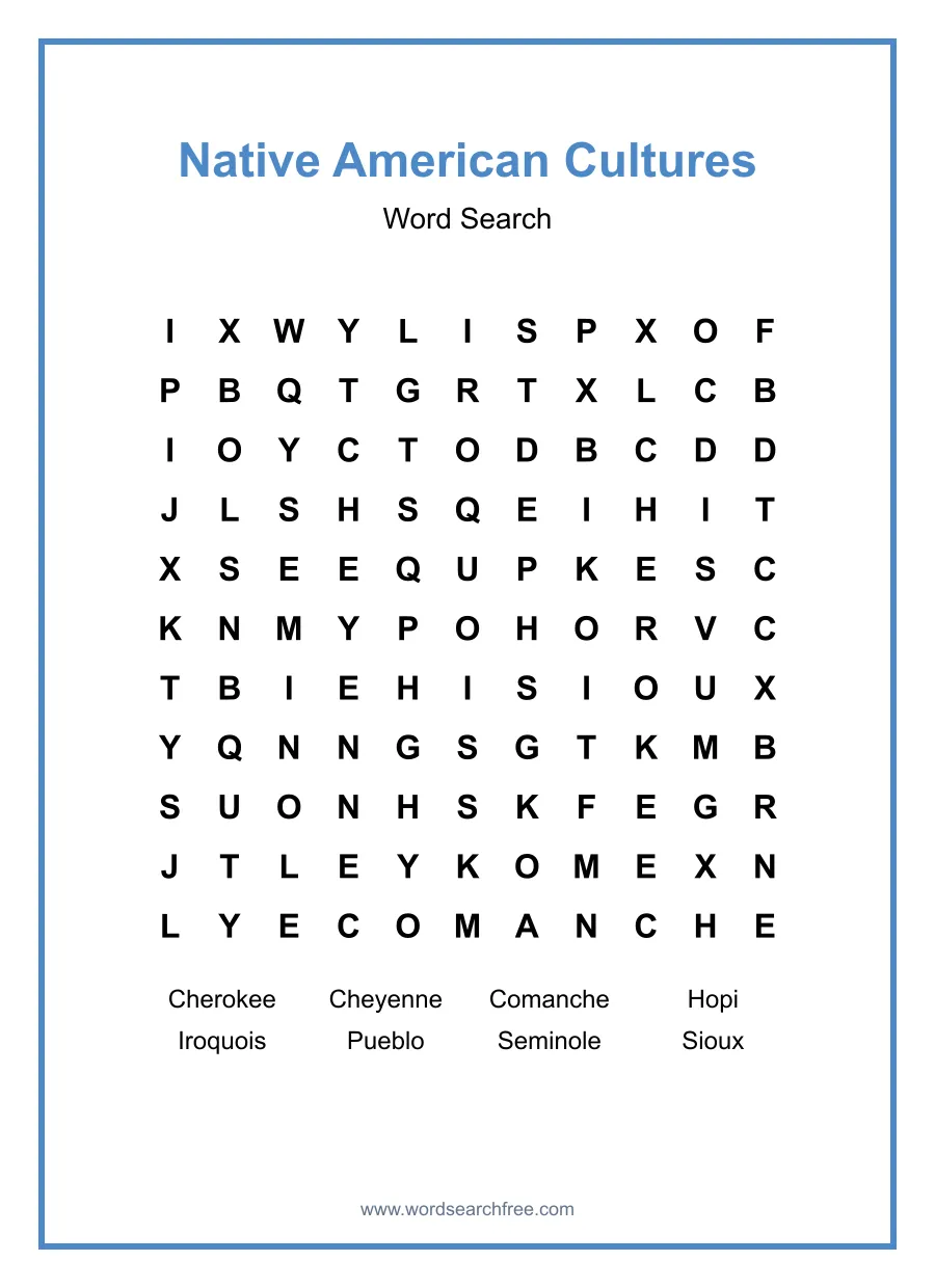 Native American Cultures - Medium Word Search Puzzle