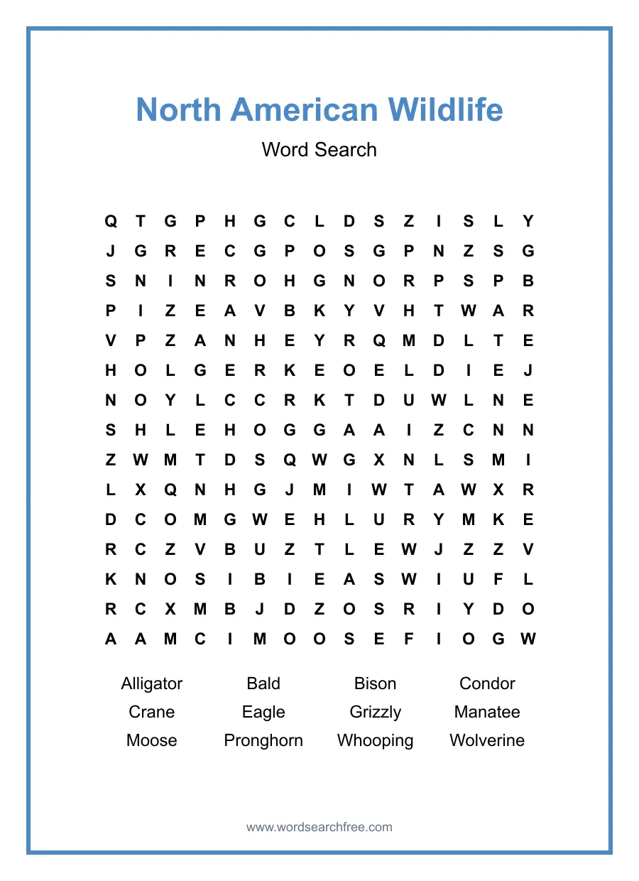 North American Wildlife - Hard Word Search Puzzle