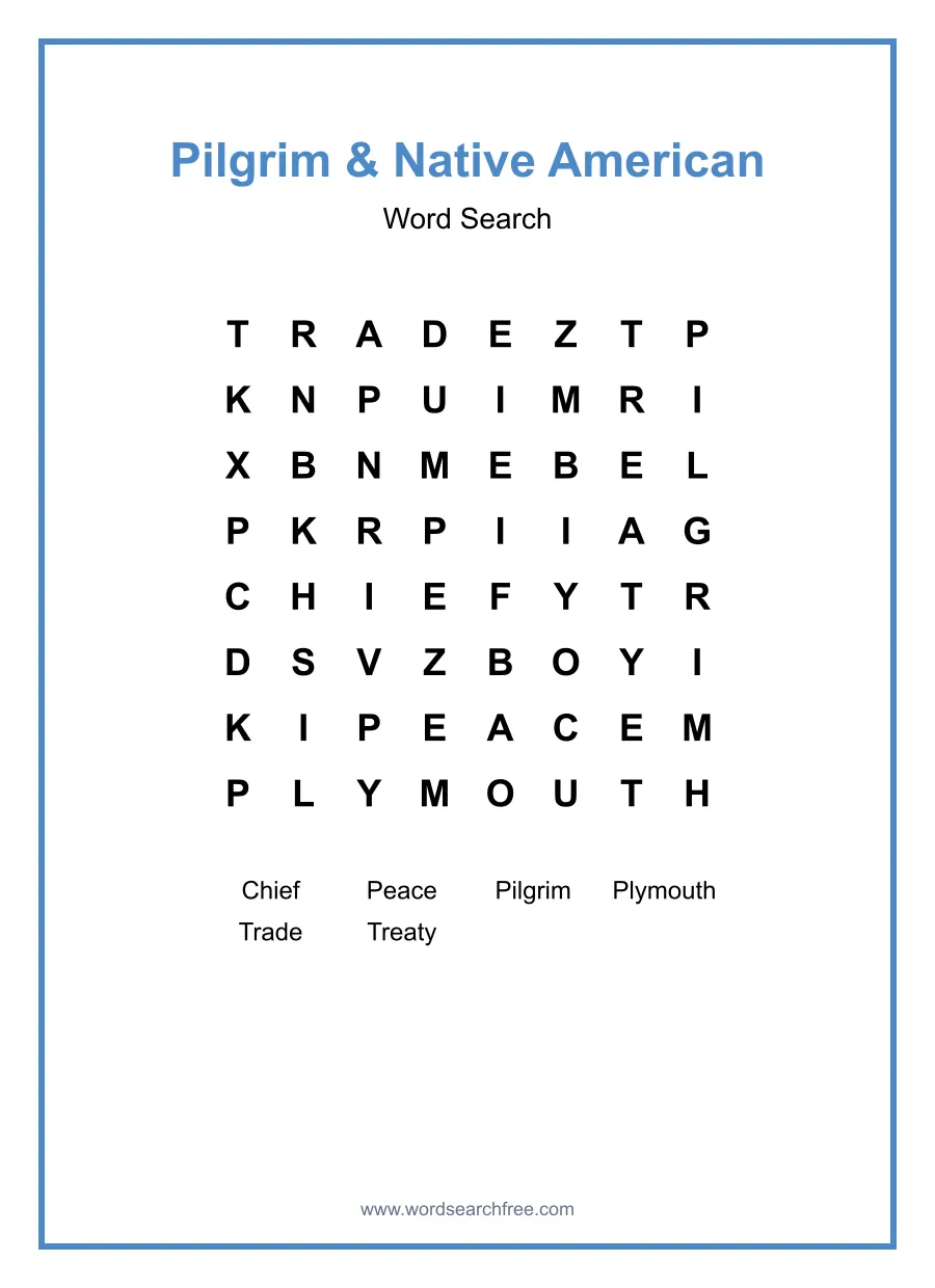 Pilgrim & Native American - Easy Word Search Puzzle