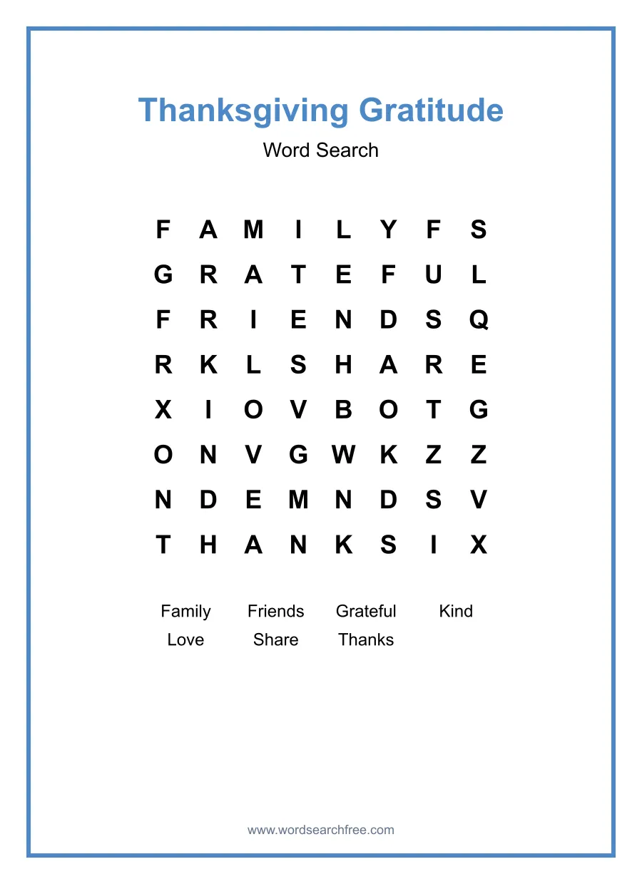 Thanksgiving Gratitude - Easy Word Search Puzzle