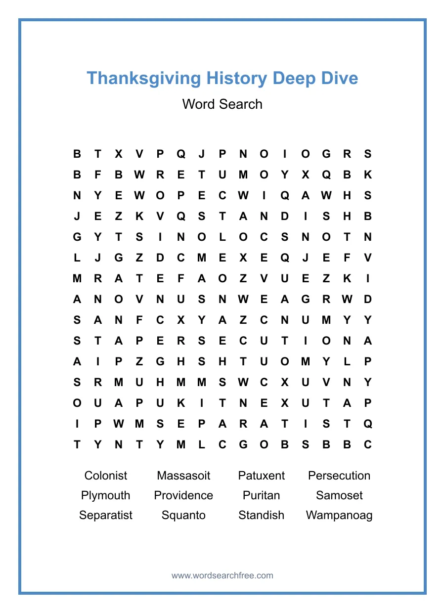 Thanksgiving History Deep Dive - Hard Word Search Puzzle