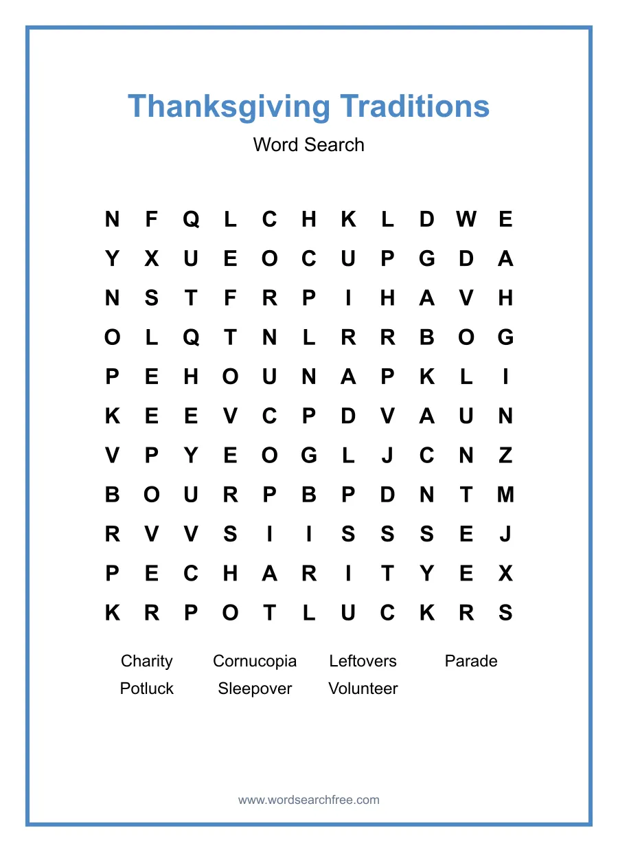 Thanksgiving Traditions - Medium Word Search Puzzle