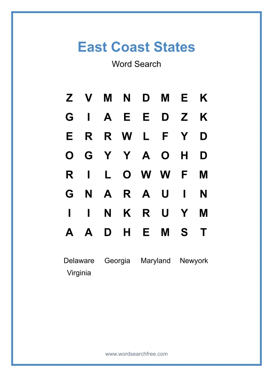 East Coast States Word Search - Free printable puzzle with 5 words