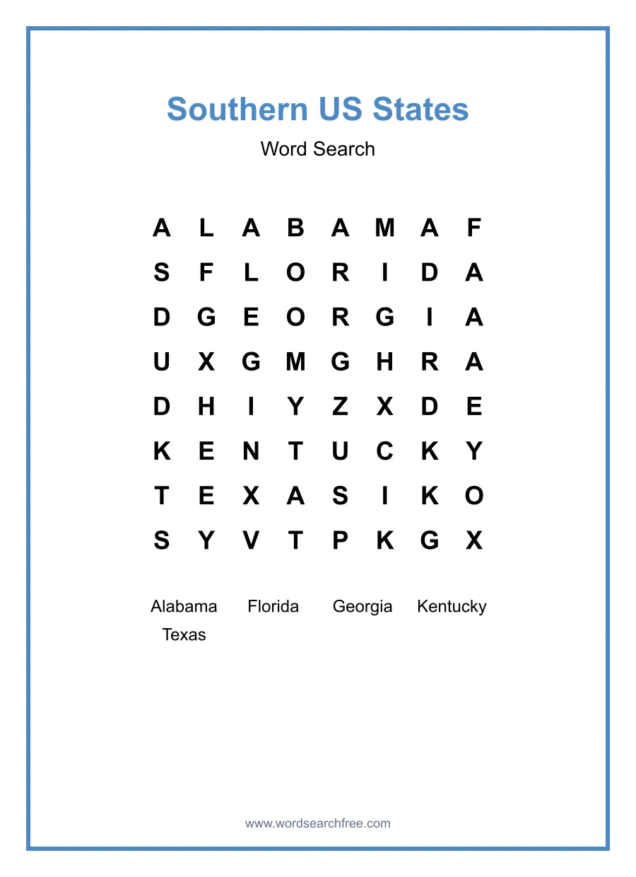 Southern US States Word Search - Free printable puzzle with 5 words