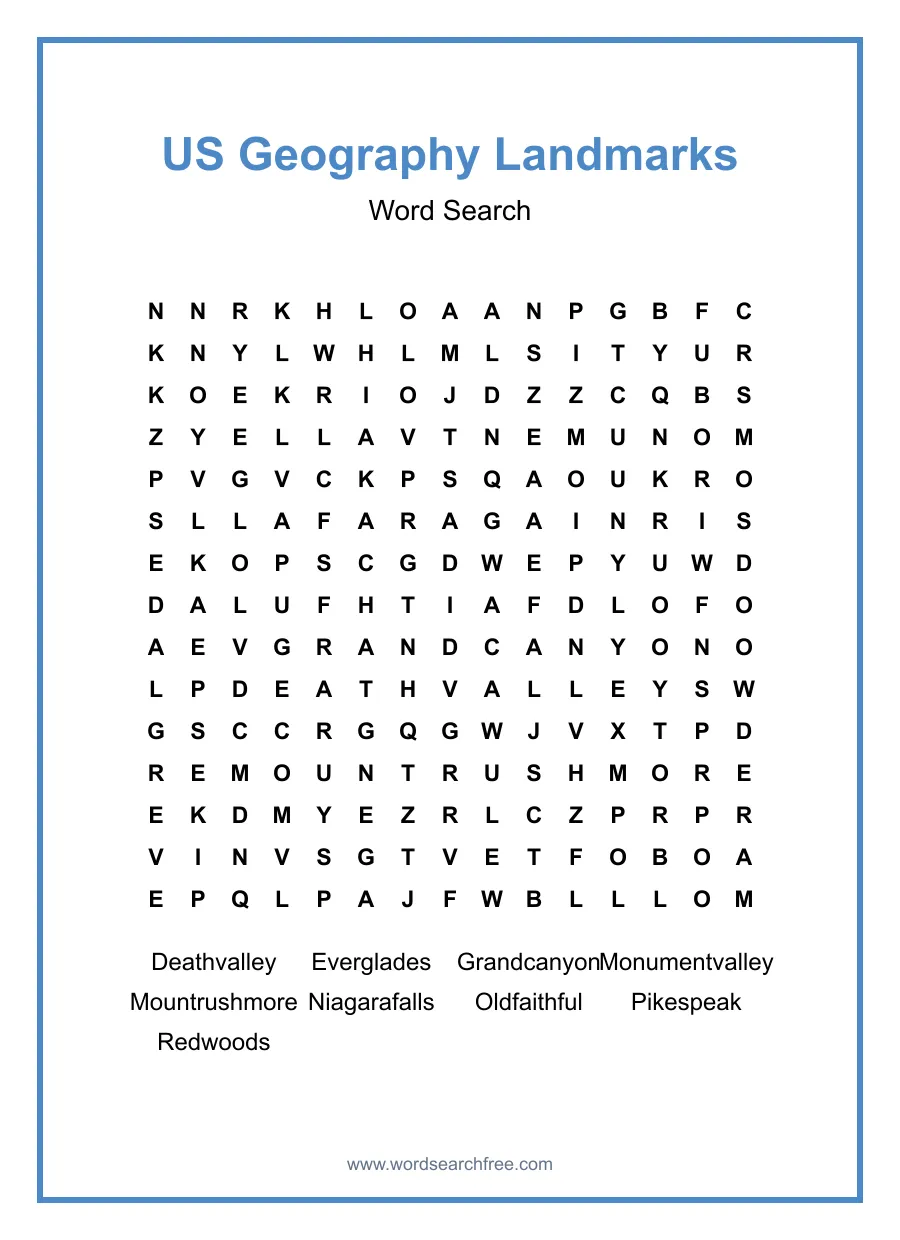 US Geography Landmarks Word Search - Free printable puzzle with 9 words