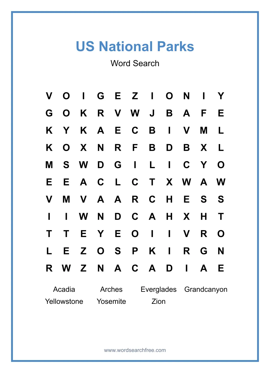 US National Parks Word Search - Free printable puzzle with 7 words