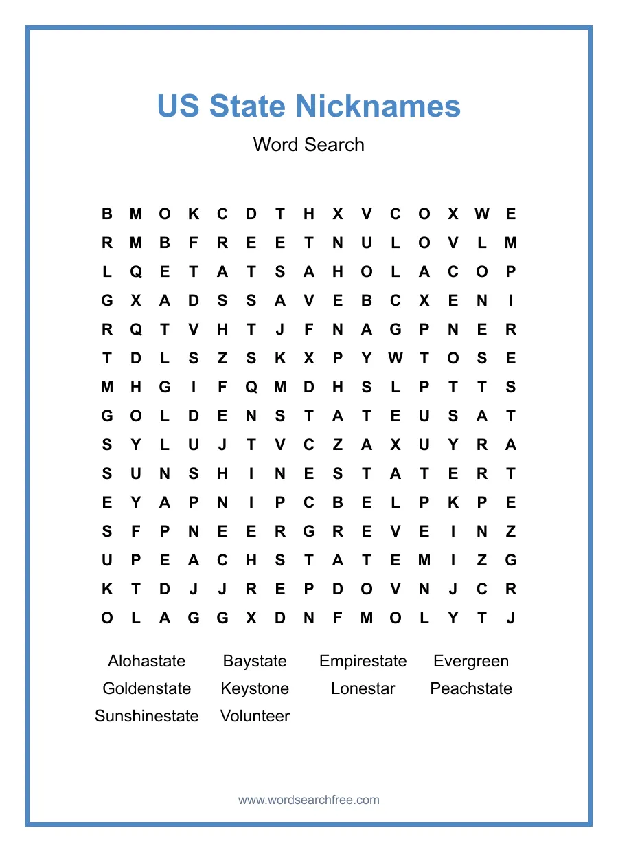 US State Nicknames Word Search - Free printable puzzle with 10 words