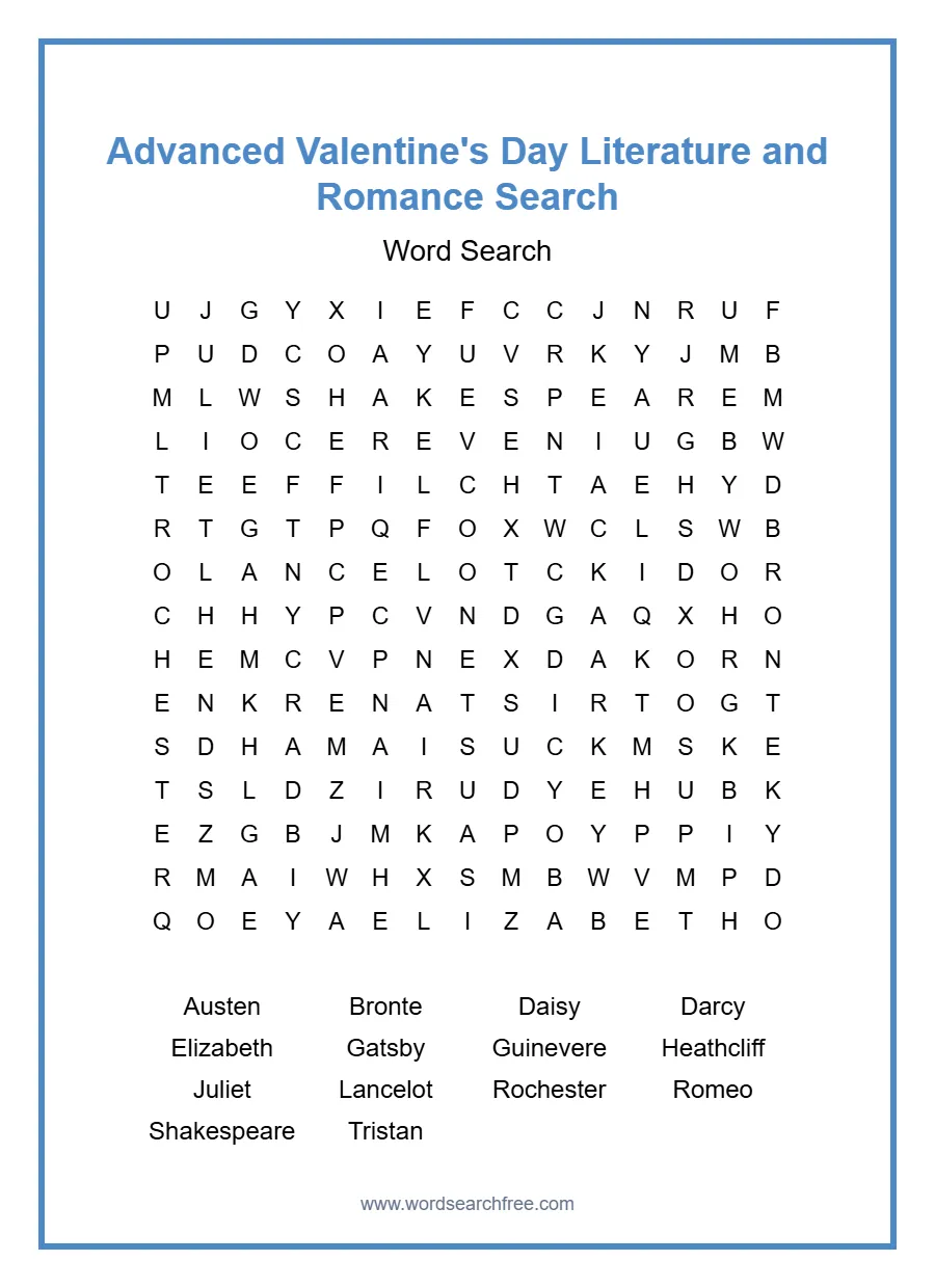 Advanced Valentine's Day Literature and Romance Search - Free printable puzzle with 14 words