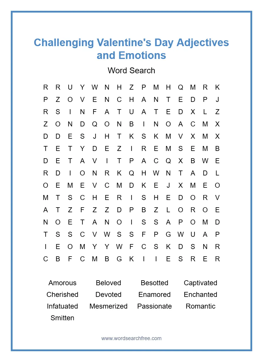 Challenging Valentine's Day Adjectives and Emotions - Free printable puzzle with 13 words