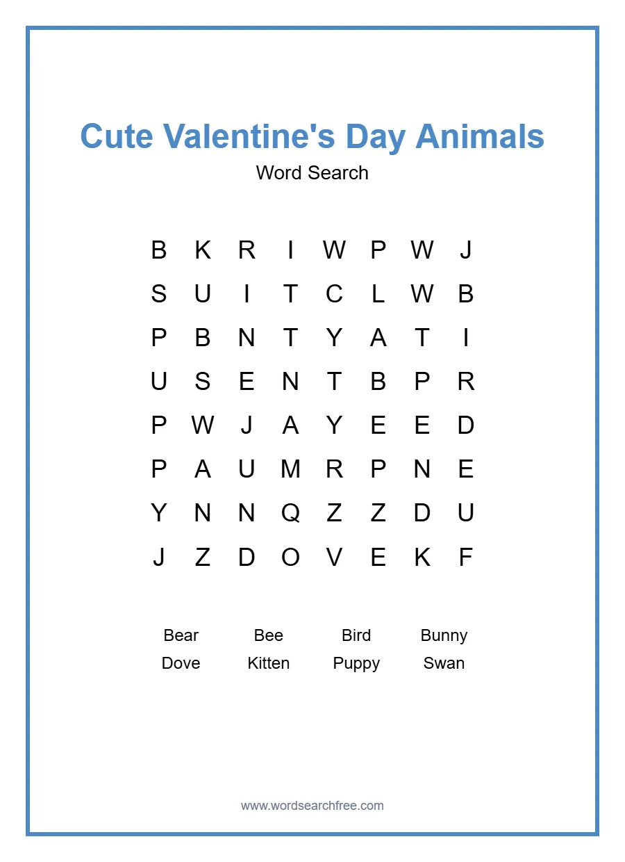 Cute Valentine's Day Animals Word Search - Free printable puzzle with 8 words