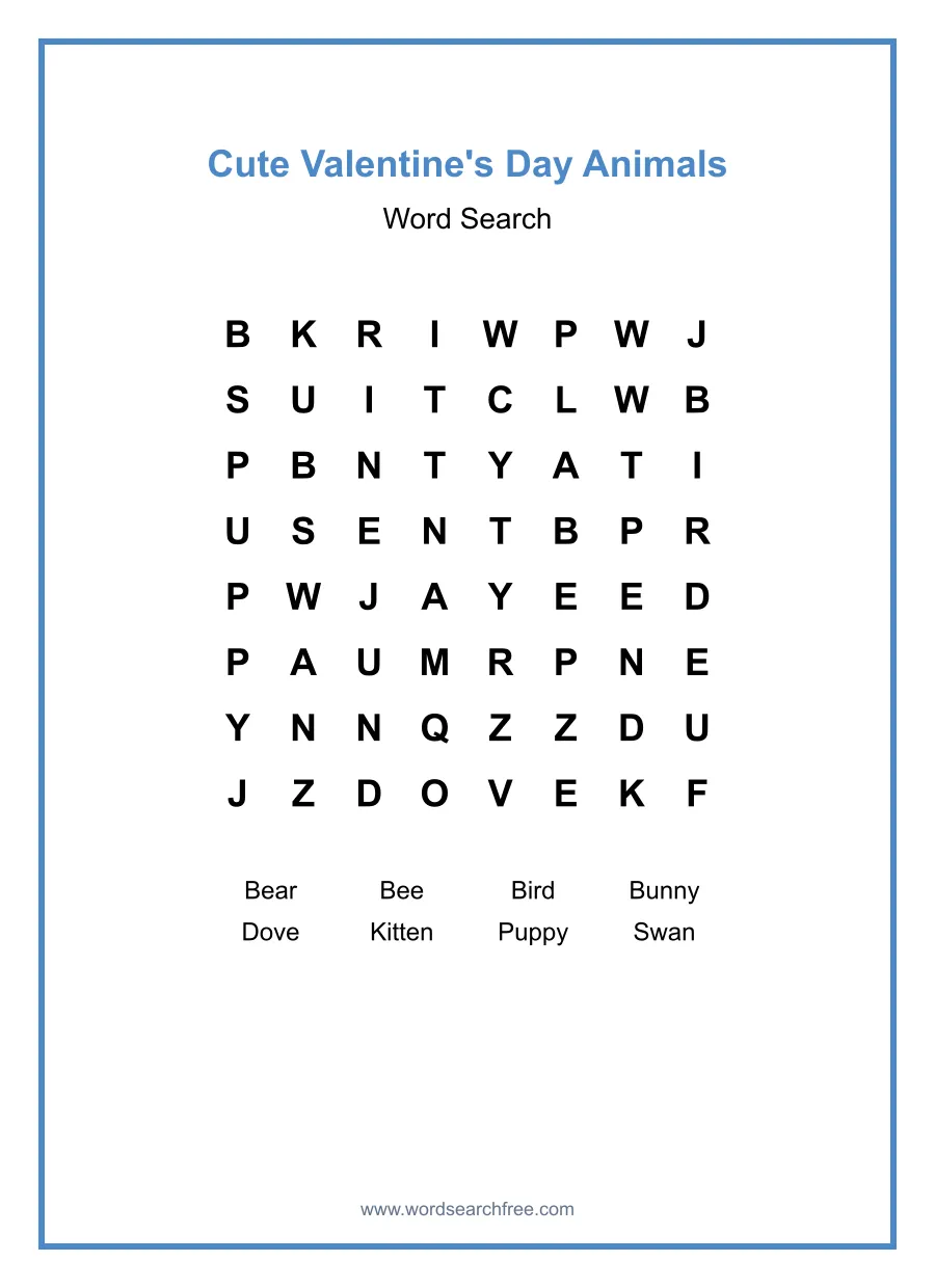 Cute Valentine's Day Animals - Easy Word Search Puzzle