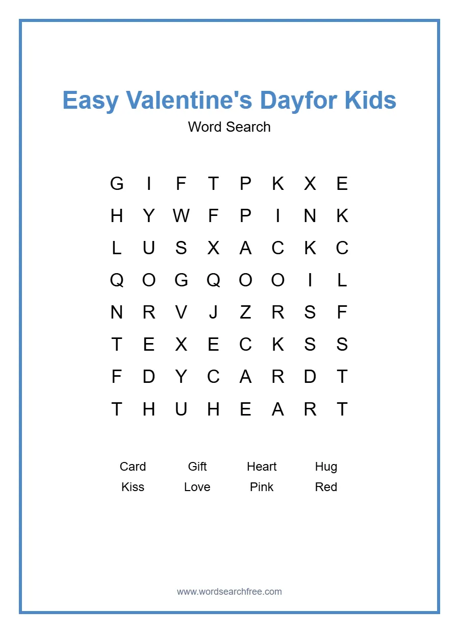Easy Valentine's Day Word Search for Kids - Free printable puzzle with 8 words