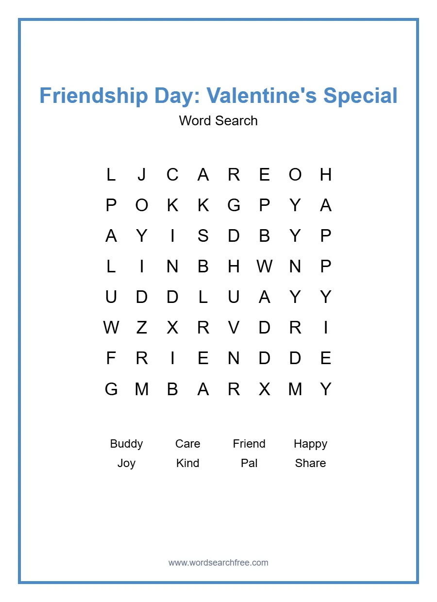 Friendship Day Word Search: Valentine's Special - Free printable puzzle with 8 words