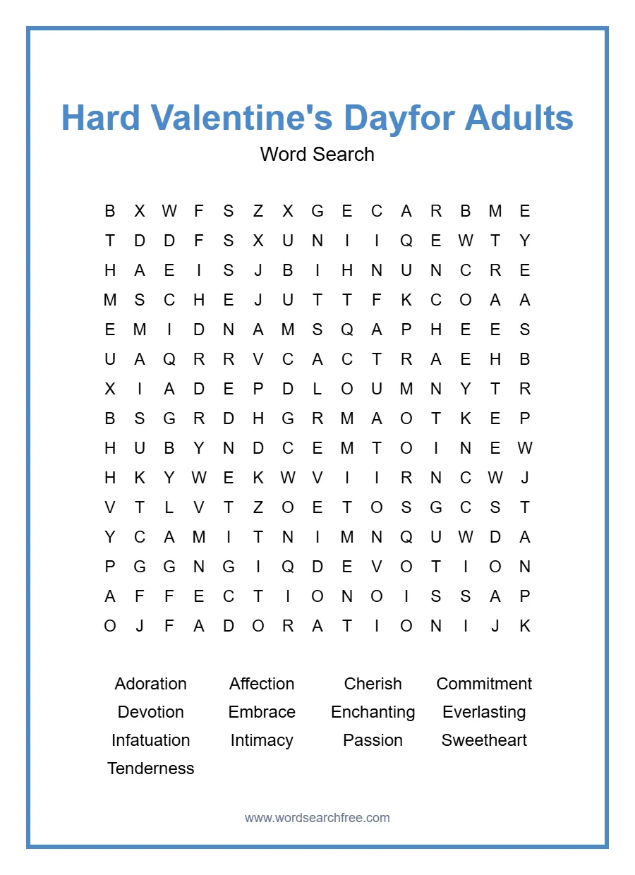 Hard Valentine's Day Word Search for Adults - Free printable puzzle with 13 words