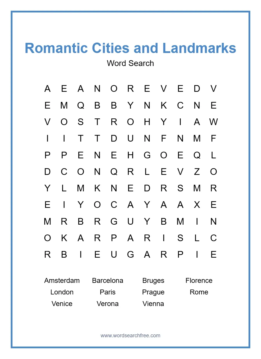 Romantic Cities and Landmarks Word Search - Free printable puzzle with 11 words
