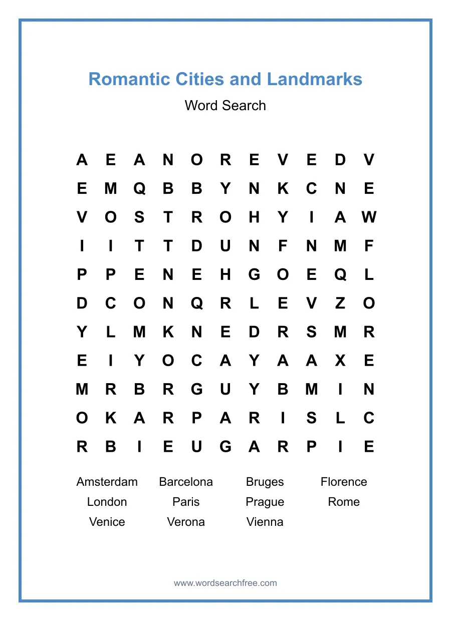 Romantic Cities and Landmarks - Medium Word Search Puzzle