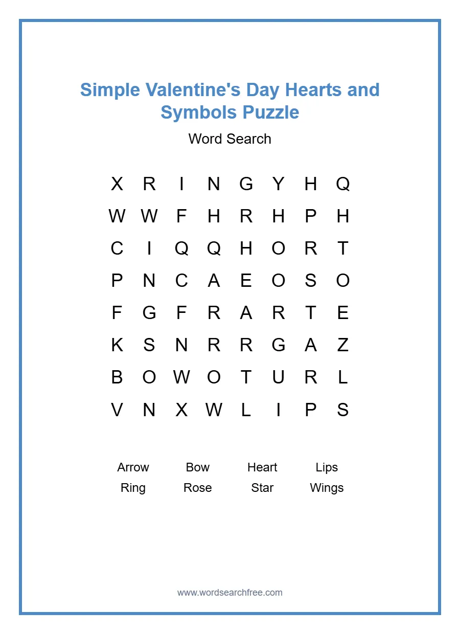 Simple Valentine's Day Hearts and Symbols Puzzle - Free printable puzzle with 8 words